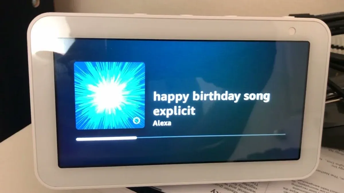 Amazon Echo Show 5 playing a happy birthday song via Alexa