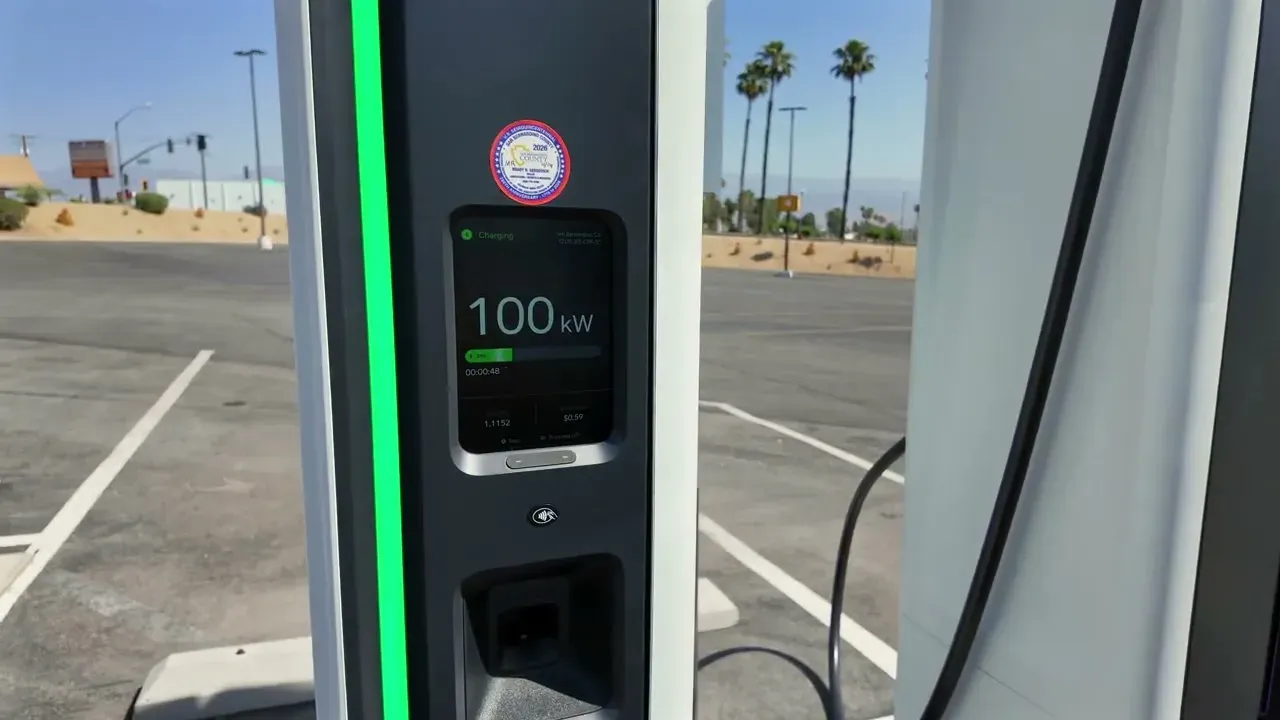 Rivian Adventure Network charger screen displaying 100 kW charging speed at San Bernardino, photographed from outside the vehicle showing the new larger display.