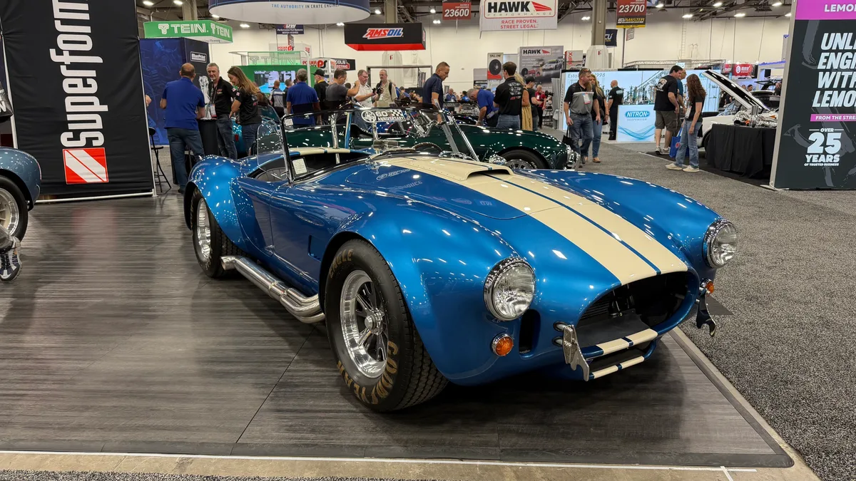 Classic blue Shelby Cobra replica on display at SEMA 2025 in the Central Hall
