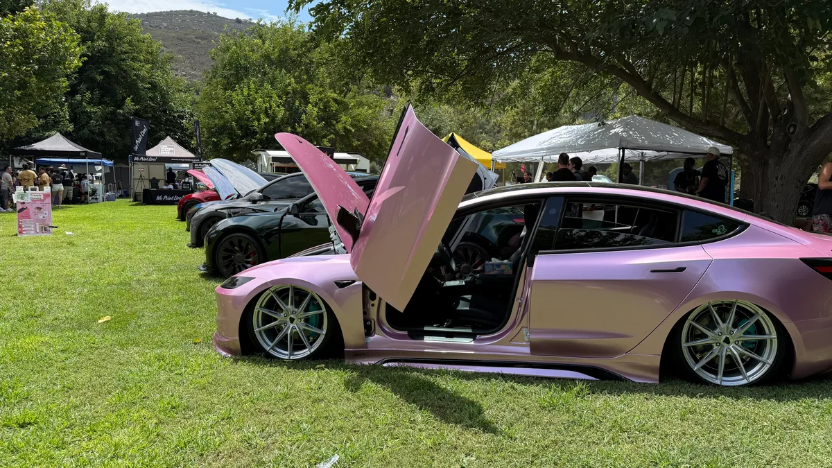 Custom pink metallic Tesla Model 3 with open Lambo doors at the Bates Nut Farm car show