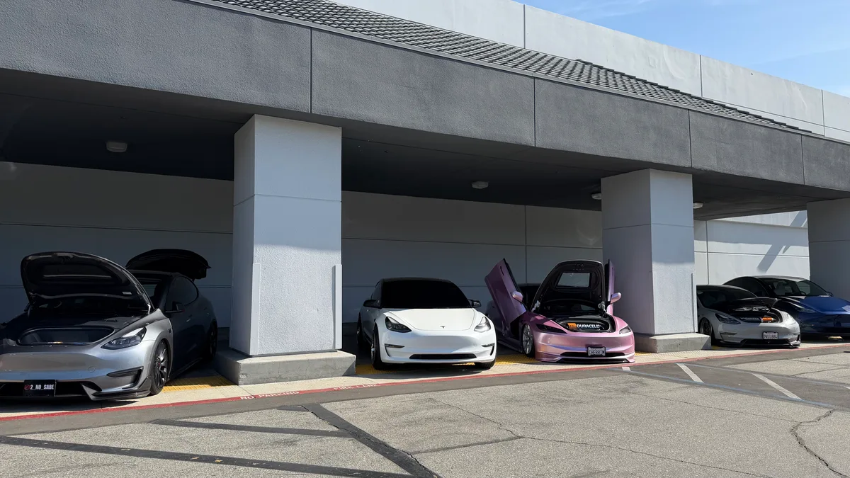 White Tesla Model 3 and pink Model 3 with lambo doors open under an overhang.