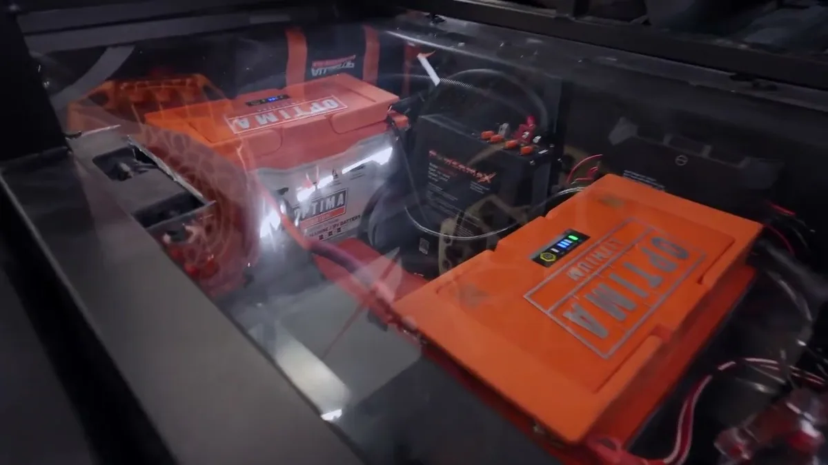 Optima lithium deep cycle batteries in Jerry's Cybertruck vault display enclosure