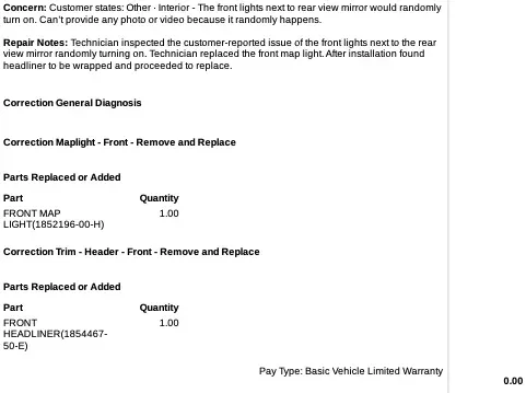 Tesla service invoice: front map light 1852196-00-H and front headliner 1854467-50-E replaced under Basic Vehicle Limited Warranty, $0.00.
