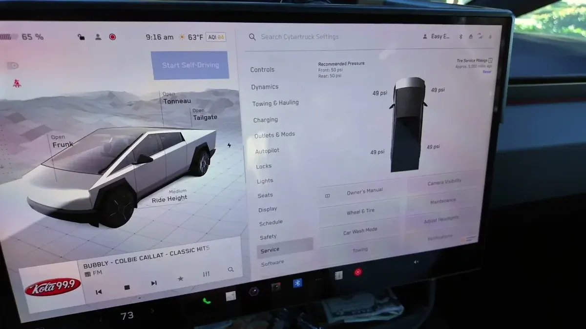 Tesla Cybertruck touchscreen display showing 'Service' menu with wheel and tire options.