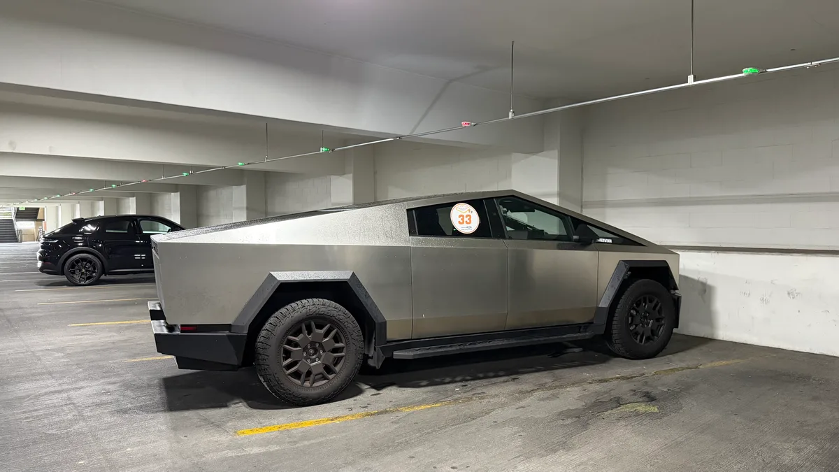 Tesla Cybertruck parked in the underground parking garage at Park MGM in Las Vegas