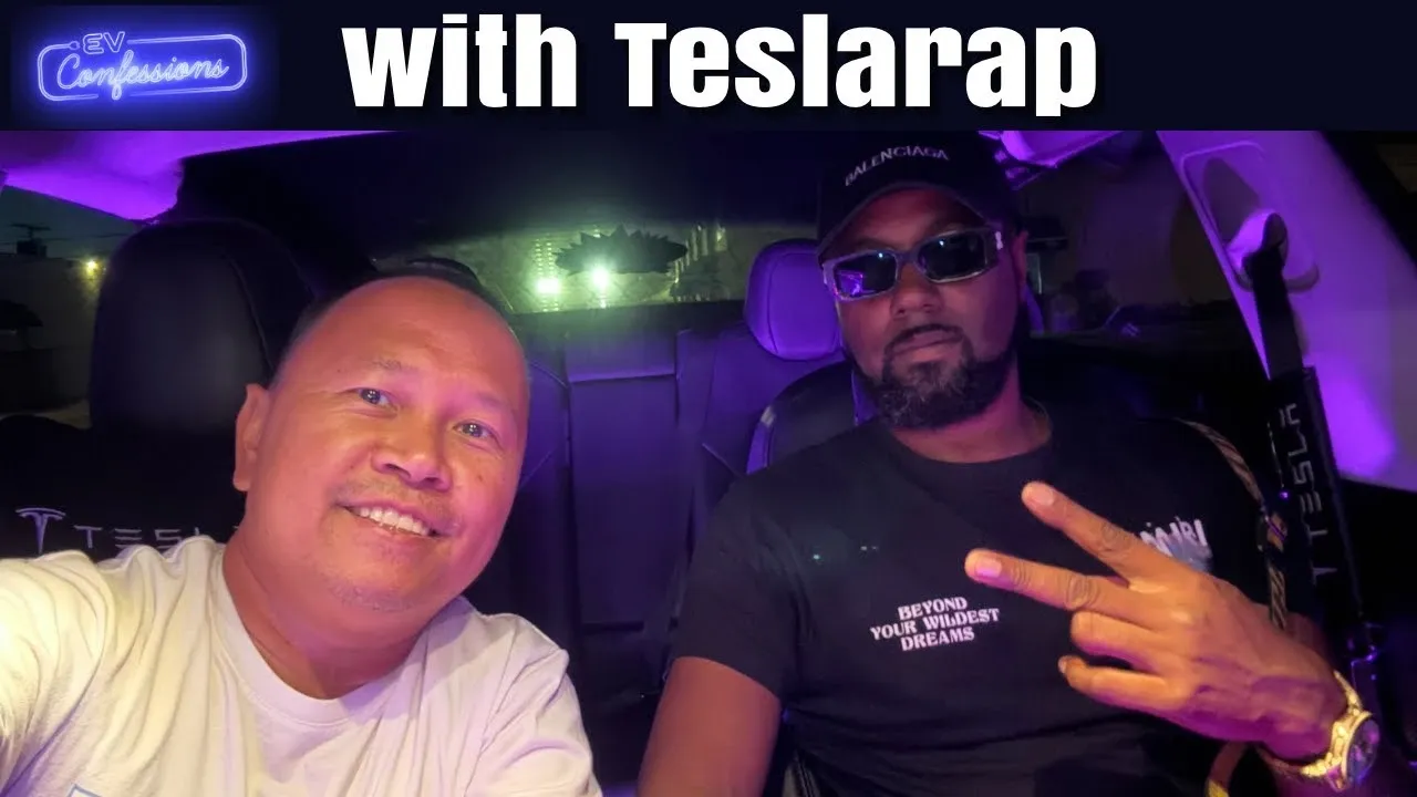 Reese and Sherwin inside the custom carbon fiber widebody Tesla Model 3 with purple ambient lighting