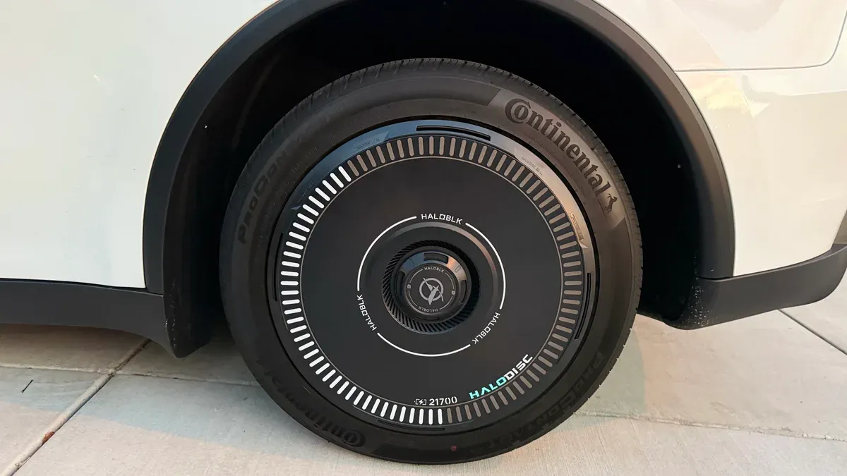 Close-up of HALOBLK aerodynamic wheel cover on a white Tesla Model Y rear wheel.