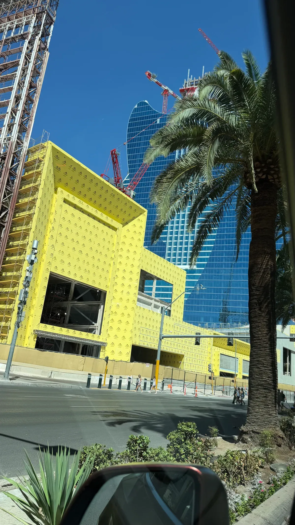 Hard Rock Hotel guitar tower under construction on the Las Vegas Strip seen from a car window