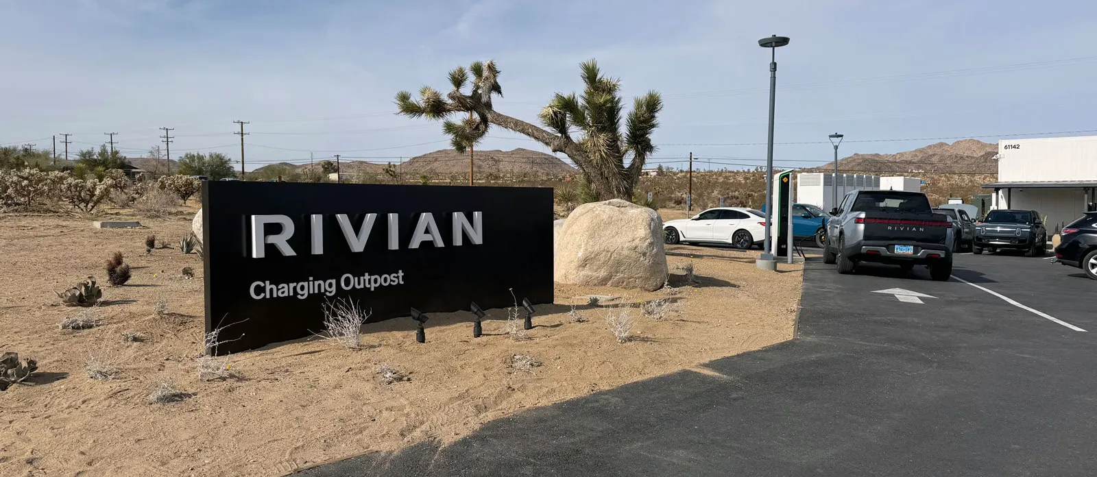 Front of Joshua Tree Rivian Charging Outpost