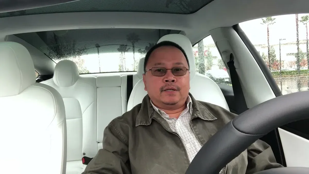 Man in Tesla Model 3 driver's seat looking at camera, palm trees visible through rainy windshield