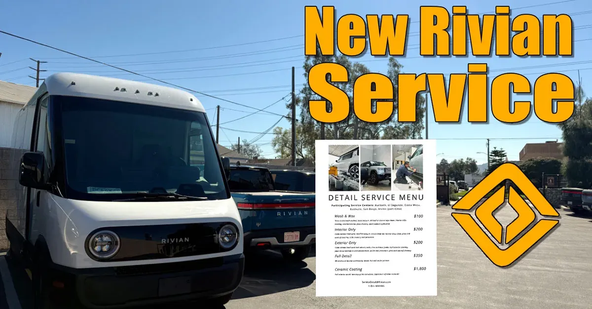 Parked Rivian vehicles in a parking lot