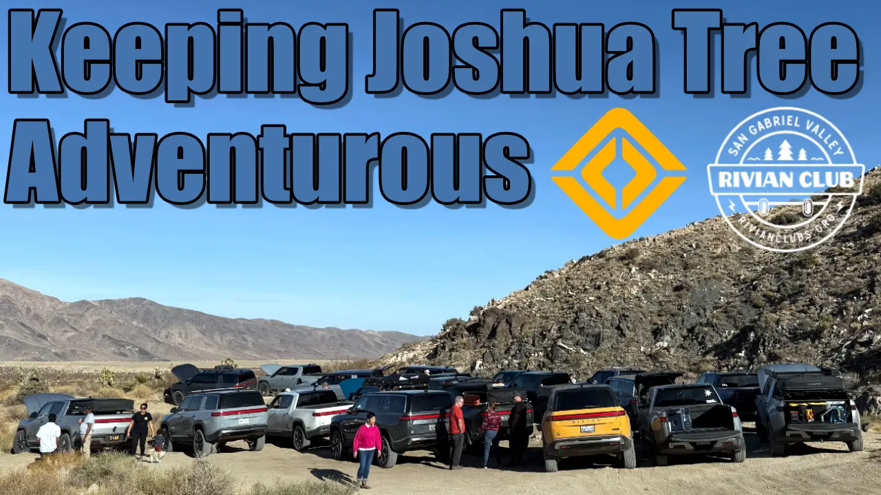 bunch of Rivian EVs at Joshua Tree