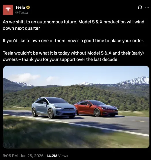 Tesla X post about Model S and X discontinue