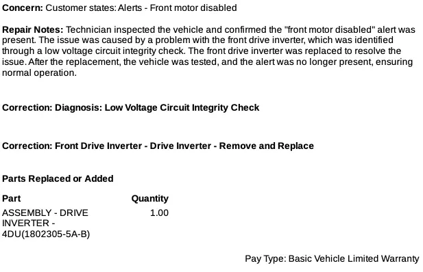 Vehicle repair invoice for motor issue