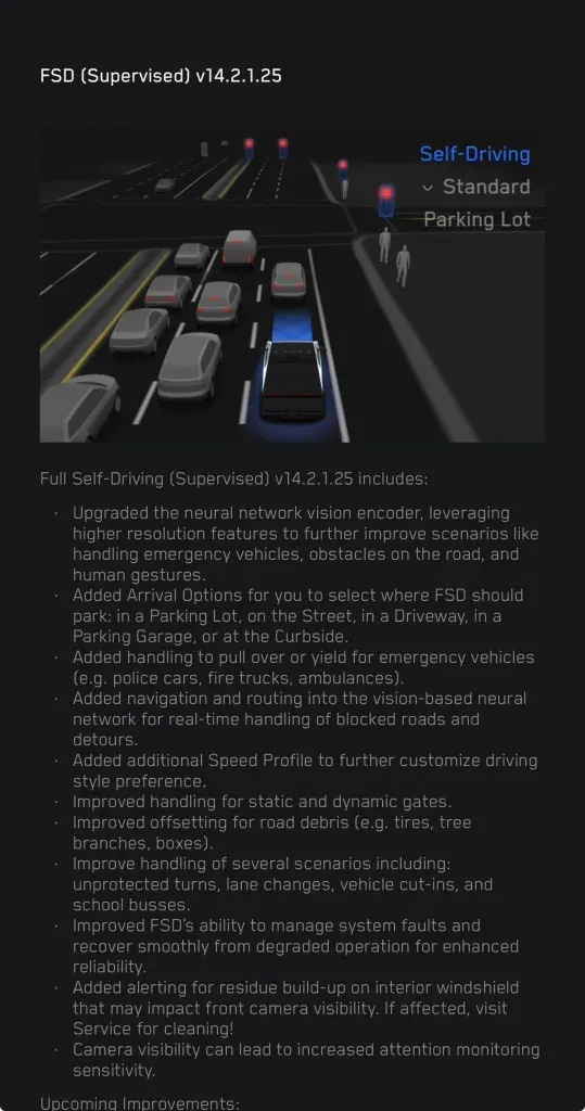 Digital car driving visualization with FSD v14.2.1.25 release notes below.