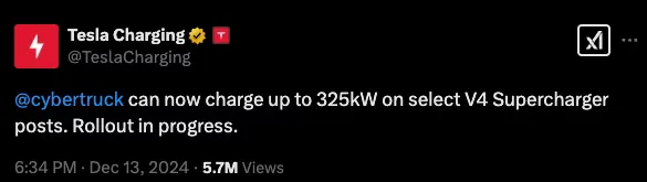Tweet Cybertruck charging over 300kW