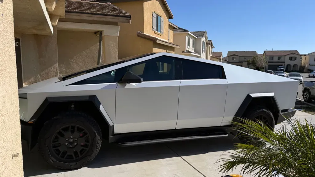 Futuristic angular electric vehicle parked