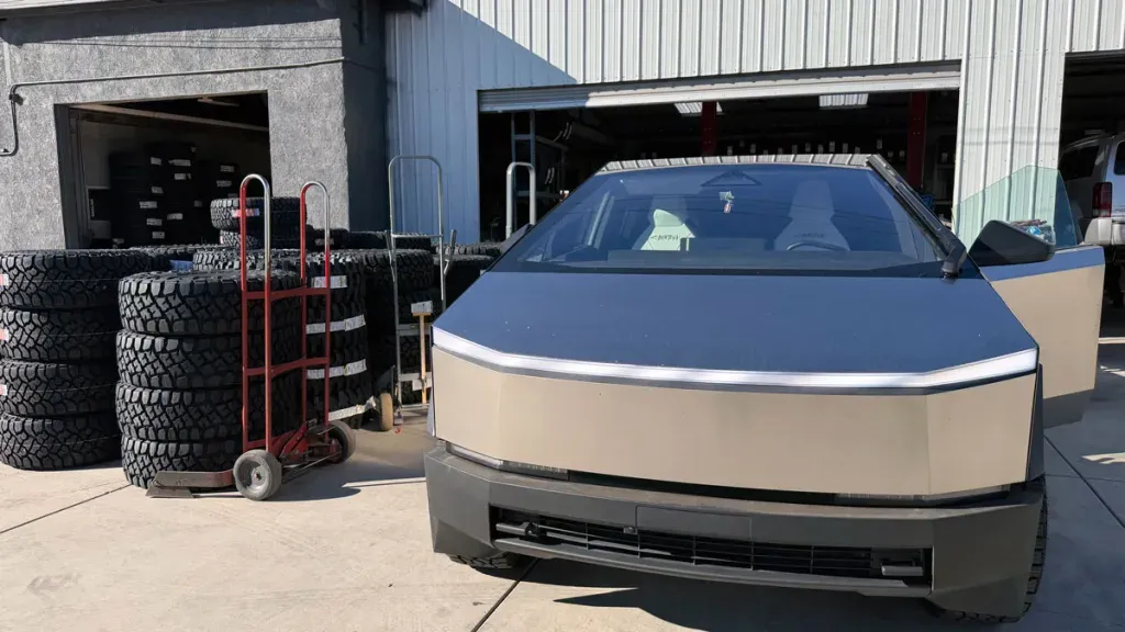 Cybertruck at a tire shop