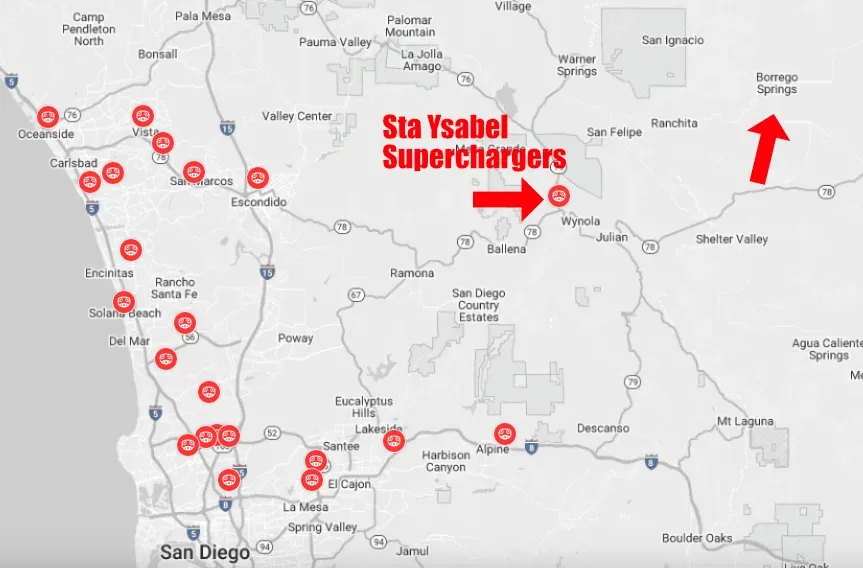 Map showing supercharger locations in California