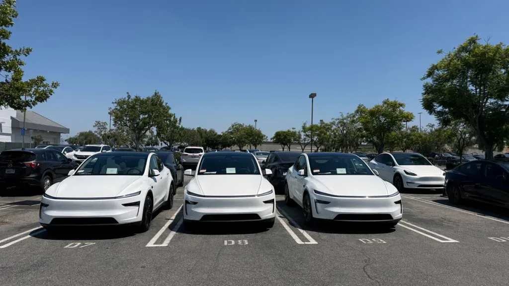 Three white Model Y Juniper