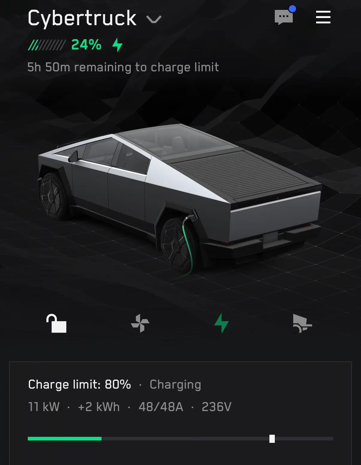 Tesla app charging Cybertruck at home