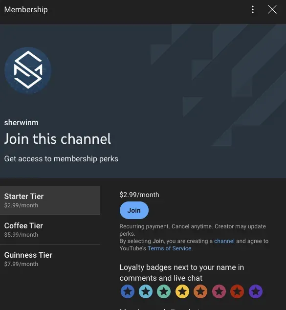 Youtube membership tiers