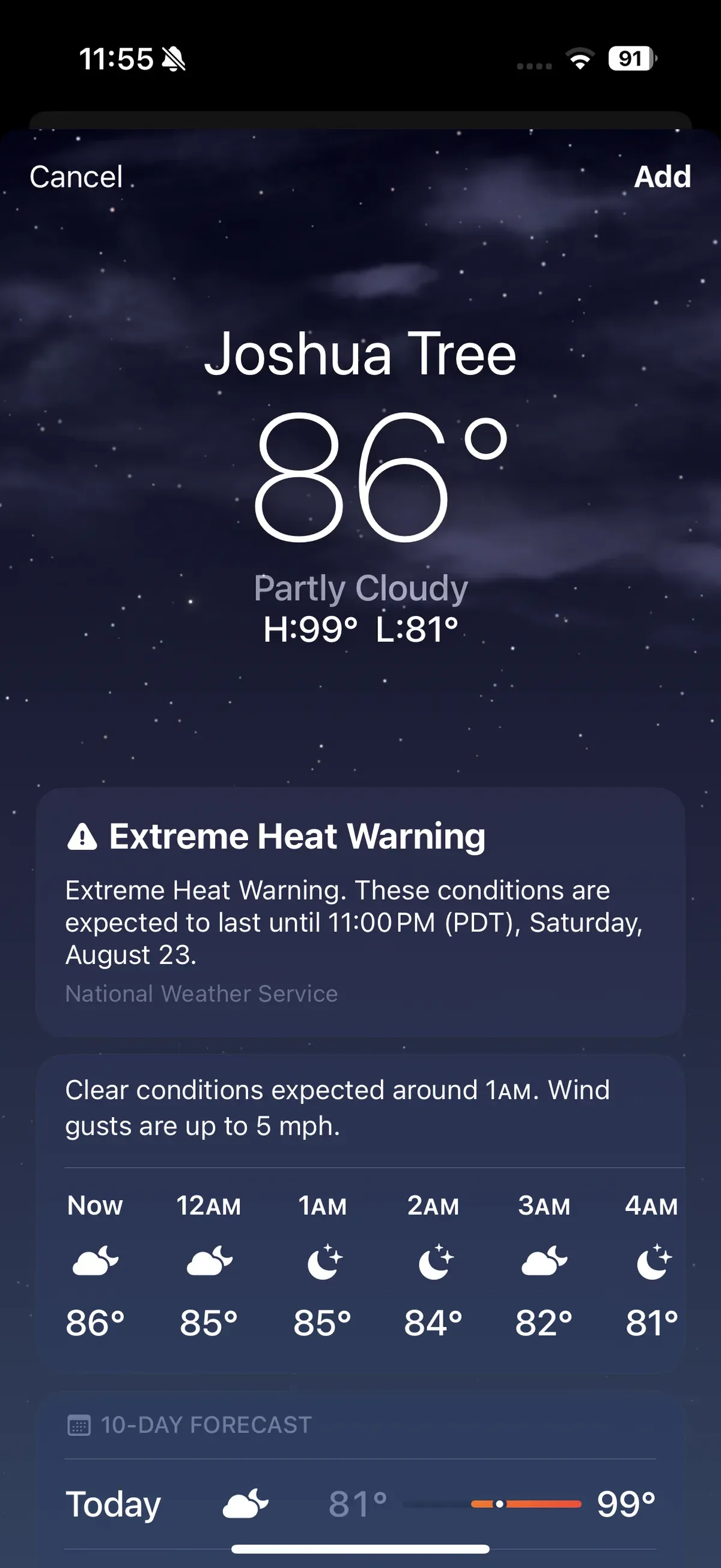 Weather app showing Joshua Tree at 86°F with an extreme heat warning
