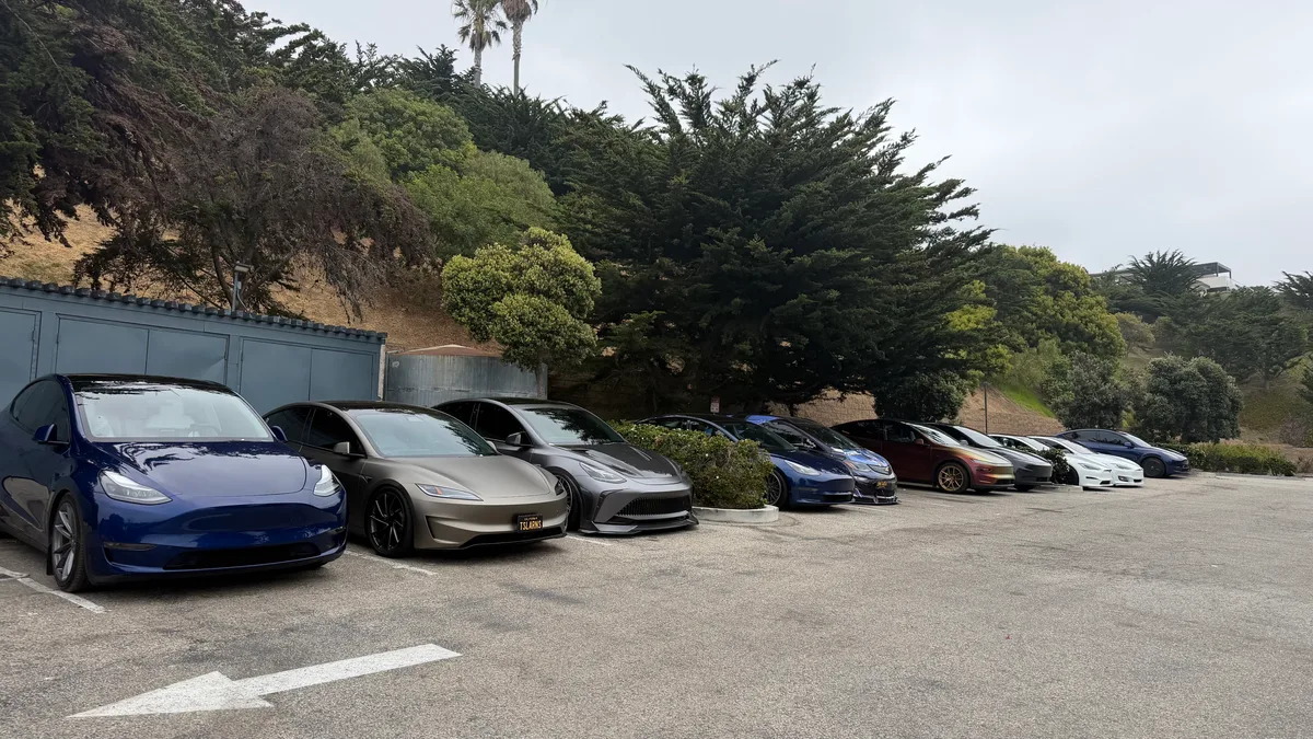 A line of custom Teslas parked together at Neptune's Net along PCH