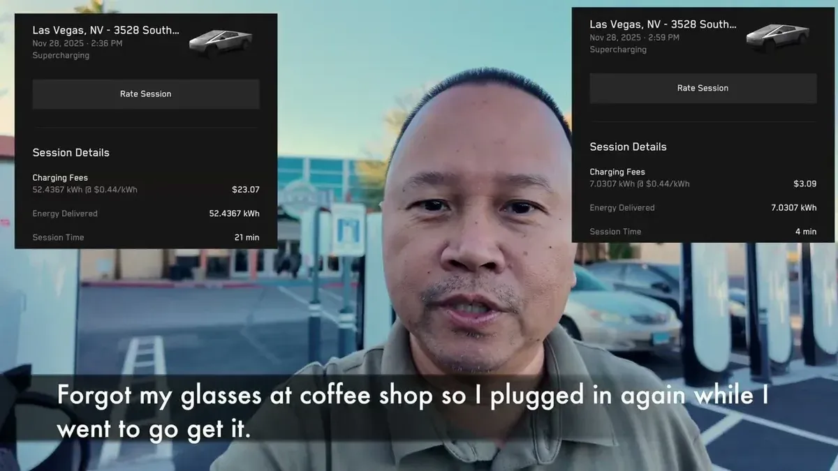Man at Baker Supercharger on return trip with Tesla charging session data.