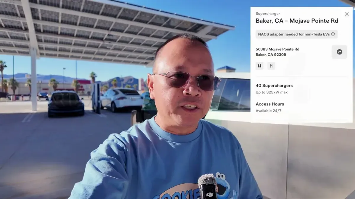 Man at Baker Mojave Supercharger with charging session data overlay and Cybertruck in background.