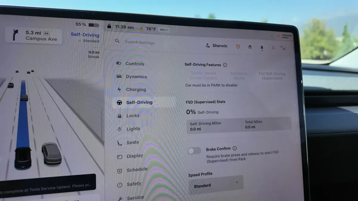 Model Y Juniper loaner screen showing FSD Supervised stats at 0 percent and 0.0 miles after a morning on FSD.