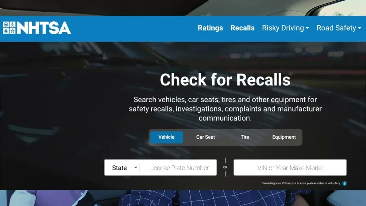 Screenshot of NHTSA Check for Recalls page showing vehicle search options