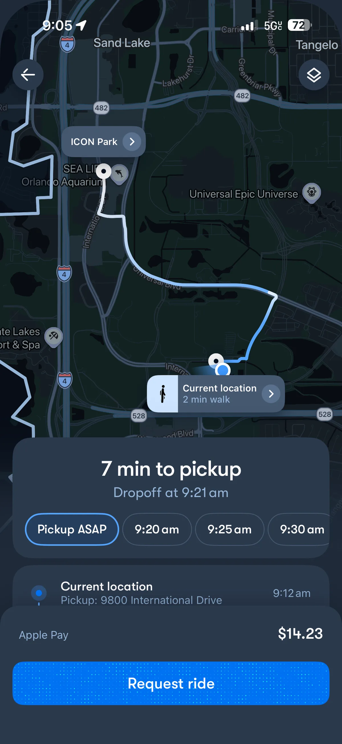 A ride-hailing app map showing the route across Orlando with pickup options and a fare of about $14.