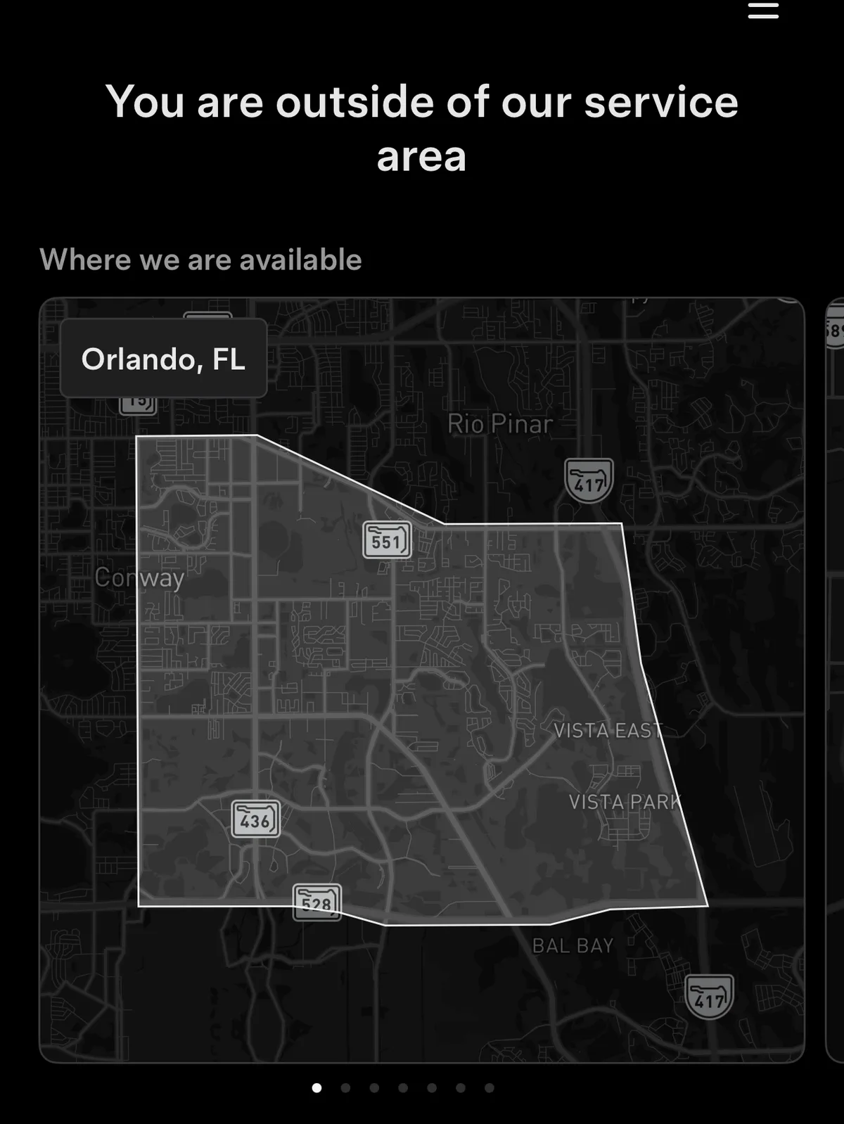 Tesla Robotaxi app showing the Orlando coverage outline with an outside-service-area message.