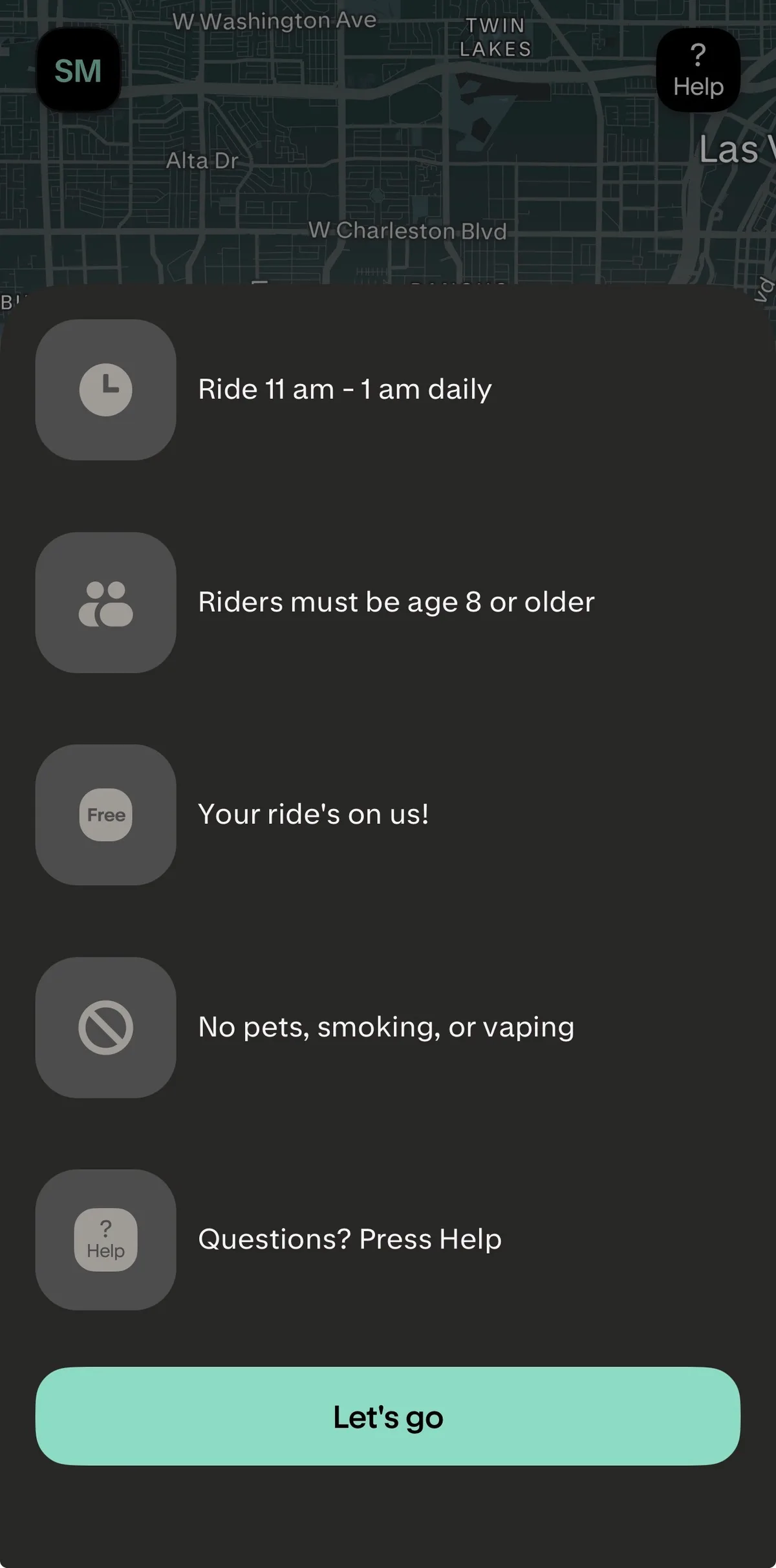 Vegas Loop app showing free ride rules including hours and age requirement
