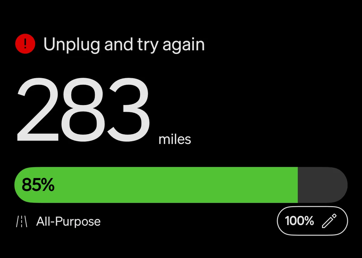 Rivian app error message saying Unplug and try again