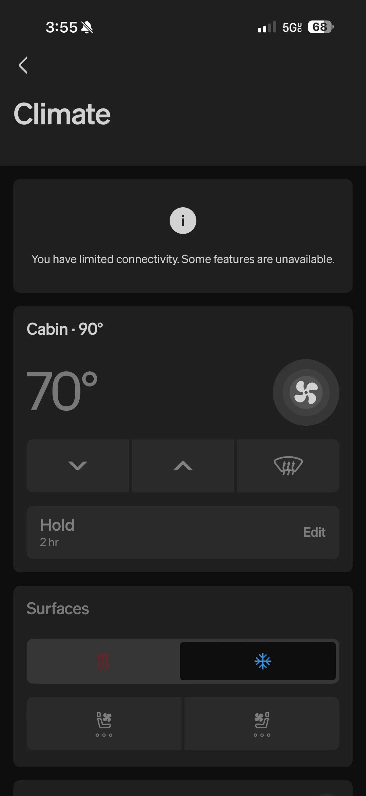 Rivian app climate screen showing a limited connectivity warning with the cabin at 90 degrees