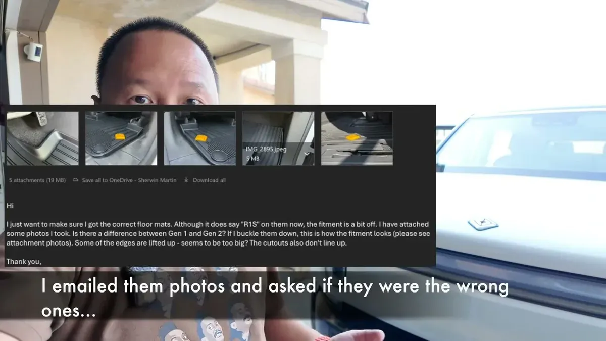 Screenshot of email correspondence with Rivian about floor mat fitment showing attached photos