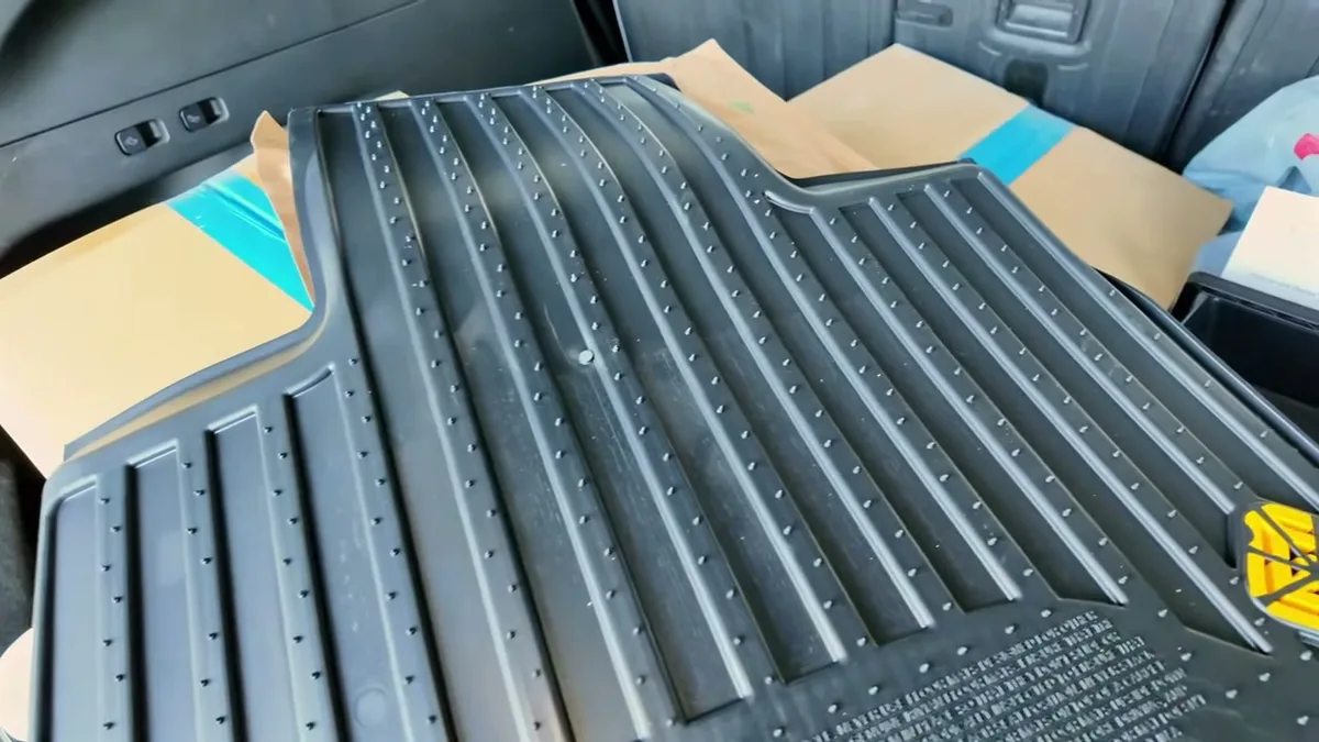 Underside of Rivian all-weather floor mat showing grip nubs and Made in USA label