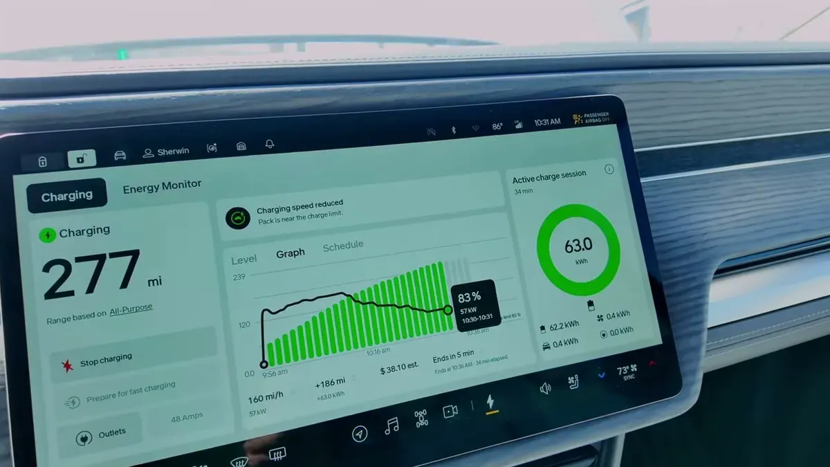 Rivian R1S charging energy monitor screen showing 277 miles and 63 kWh