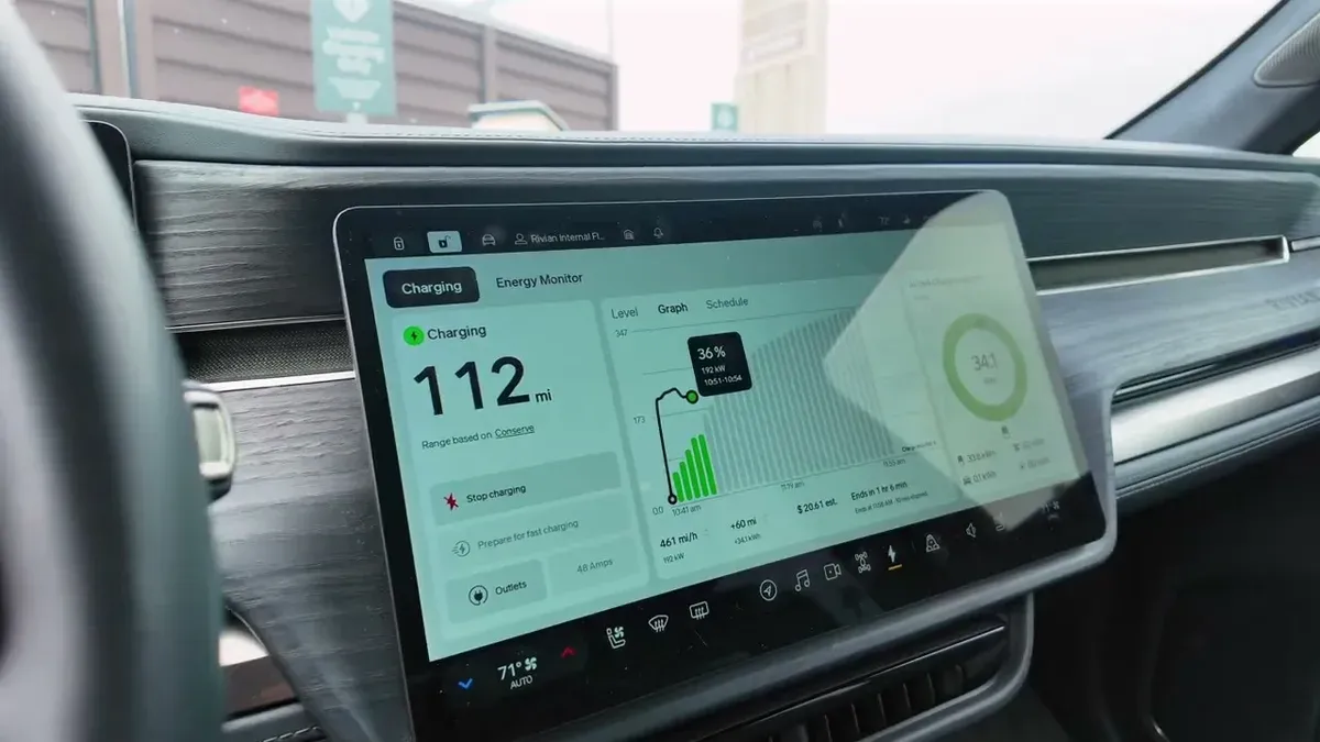 Rivian R1S infotainment showing charging monitor with 112 miles added and charging graph