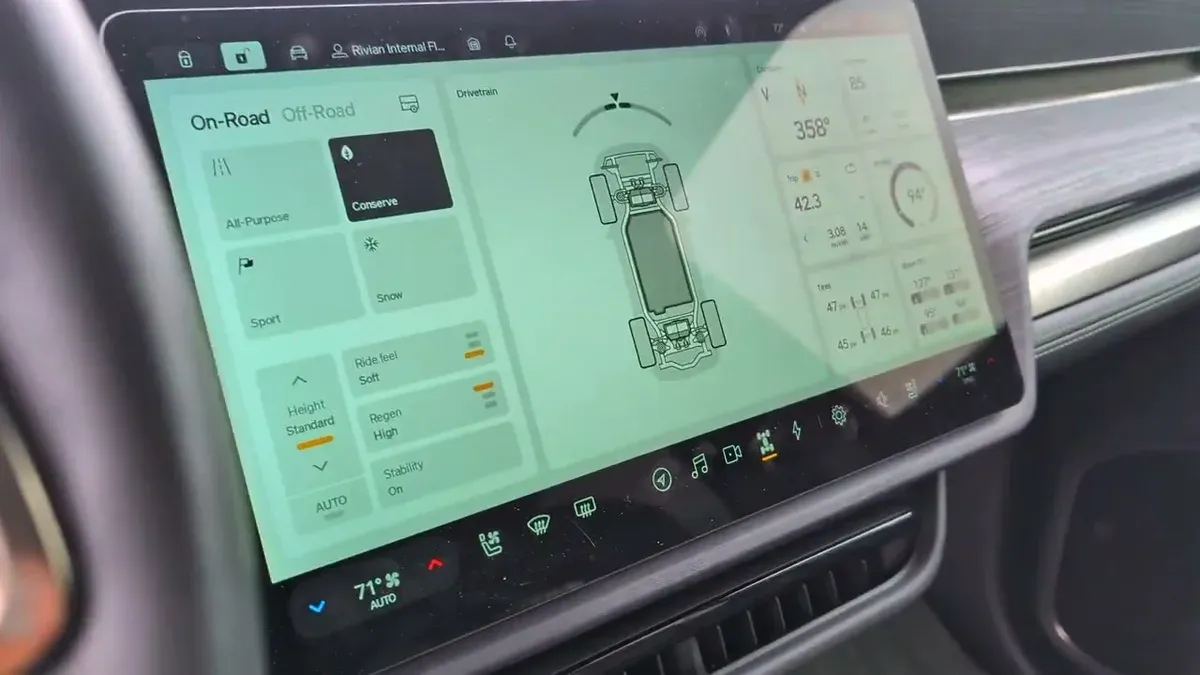 Rivian R1S infotainment showing On-Road driving modes with All-Purpose selected