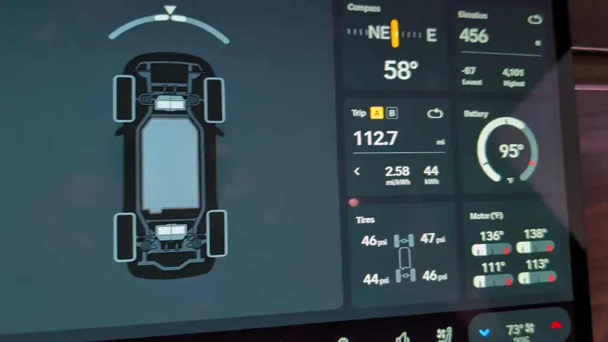 Rivian R1S infotainment screen displaying trip data: 112.7 miles, 95% battery, and motor temps