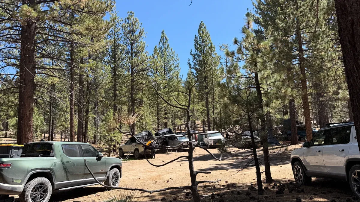 Green Rivian R1T pickup parked in pine forest clearing with other Rivian camp setups in background