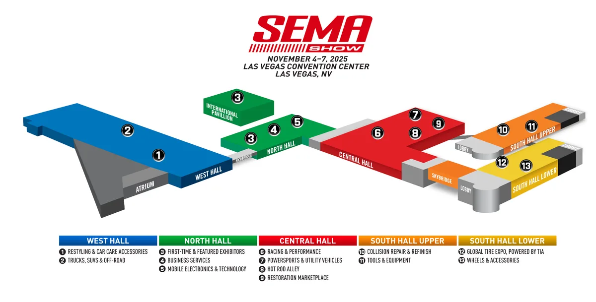 SEMA 2025 Las Vegas Convention Center floor map showing Central, North, West, and South halls