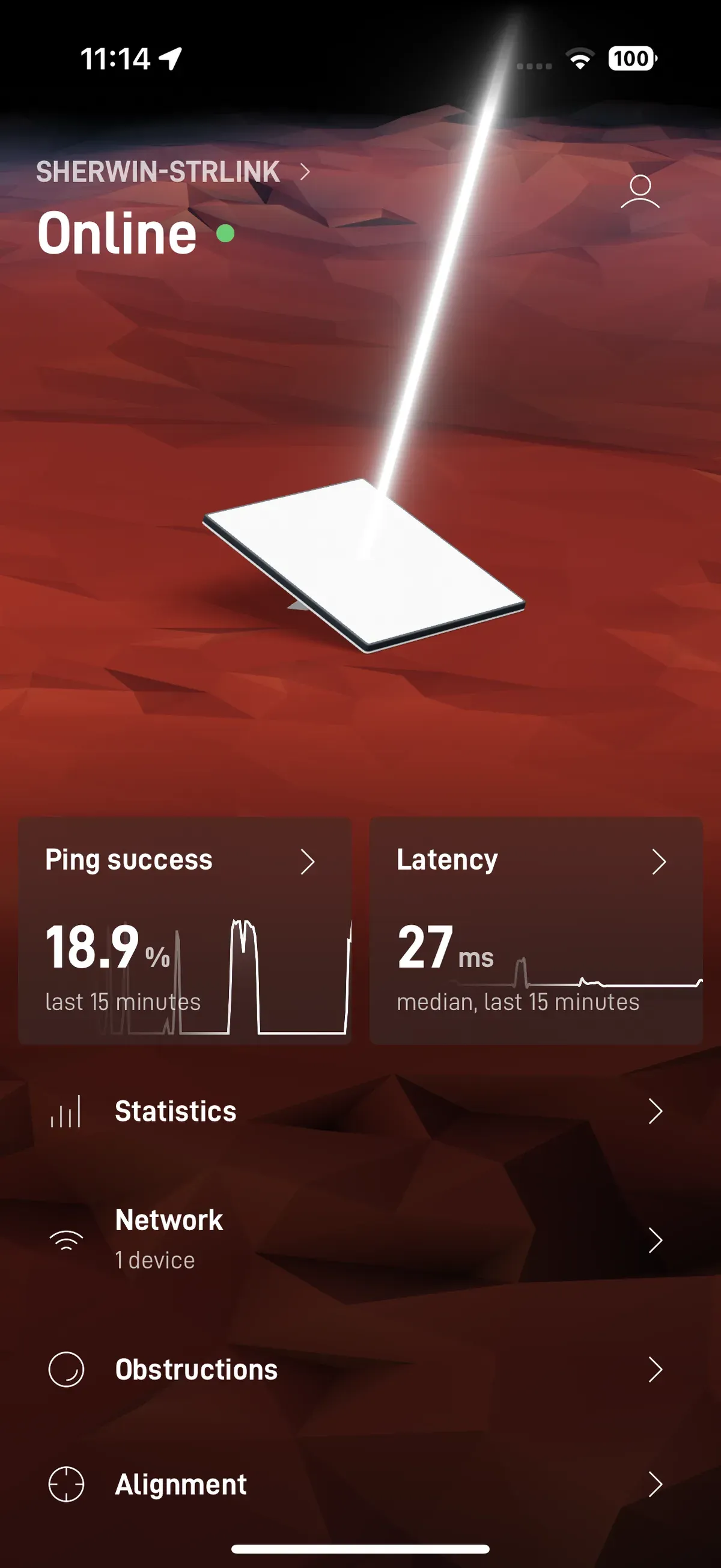 Starlink app showing online status, 18.9% ping success, and 27ms latency