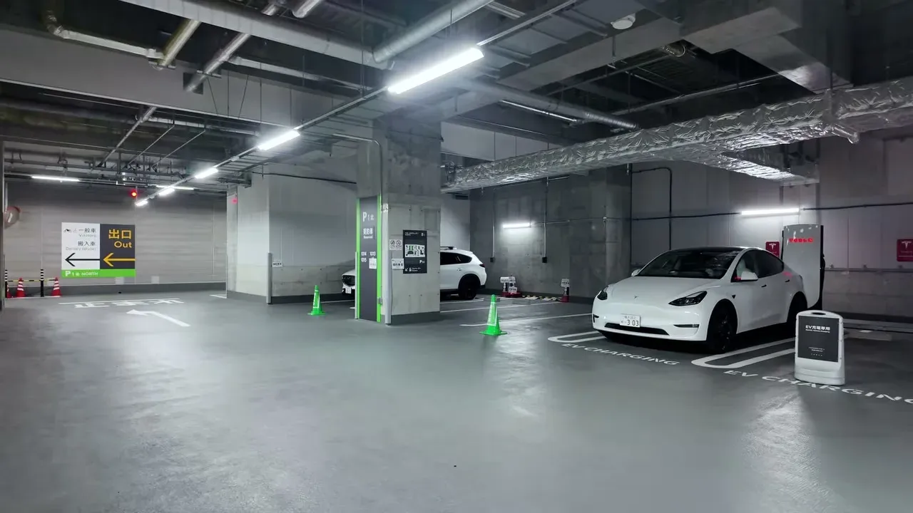 Tesla Model Y at the Takanawa Gateway underground V3 Supercharger in Tokyo