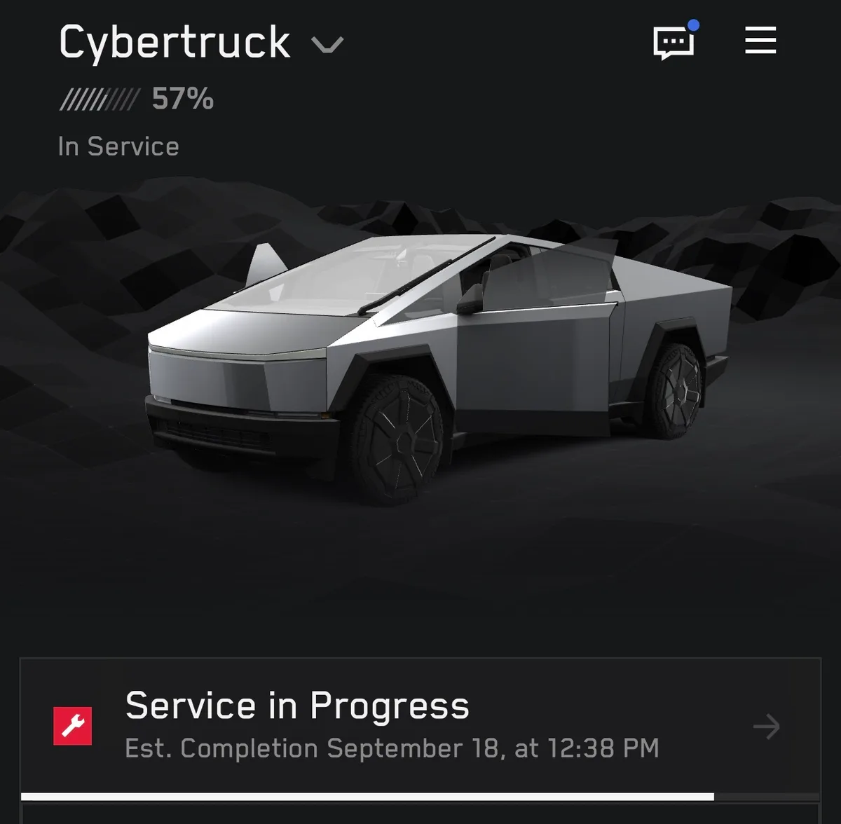 Tesla app showing the Cybertruck In Service at 57 percent charge, estimated completion September 18 at 12:38 PM.