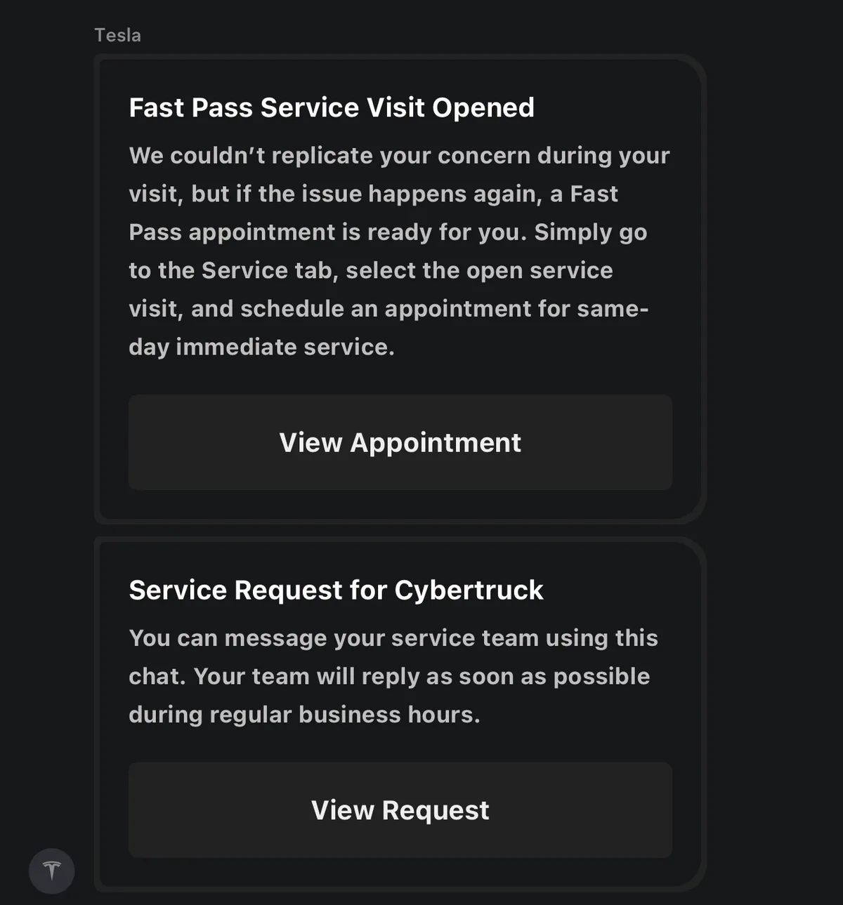 Tesla app Fast Pass message saying service could not replicate the concern during the visit.