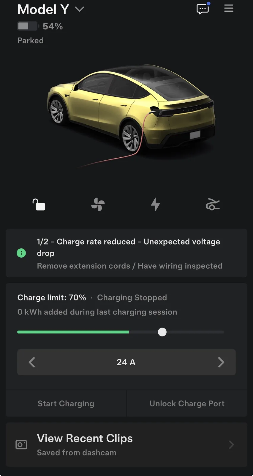 Tesla app showing charge rate reduced, unexpected voltage drop, charging stopped with 0 kWh added at 24 amps